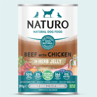 Naturo ΥΓΡΗ ΤΡΟΦΗ ΣΚΥΛΟΥ Grain Free με Μοσχάρι, Κοτόπουλο, Λαχανικά και Φρούτα 390gr